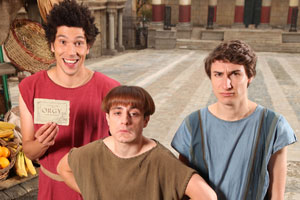 Plebs. Image shows from L to R: Stylax (Joel Fry), Grumio (Ryan Sampson), Marcus (Tom Rosenthal). Copyright: RISE Films. Plebs. Image shows from L to R: Stylax (Joel Fry), Grumio (Ryan Sampson), Marcus (Tom Rosenthal). Copyright: RISE Films.