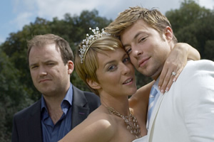Plus One. Image shows from L to R: Rob Black (Rory Kinnear), Linsey (Miranda Raison), Duncan from Blue (Duncan James). Copyright: Kudos Productions. Plus One. Image shows from L to R: Rob Black (Rory Kinnear), Linsey (Miranda Raison), Duncan from Blue (Duncan James). Copyright: Kudos Productions.