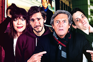 Reluctant Persuaders. Image shows from L to R: Amanda (Josie Lawrence), Joe (Mathew Baynton), Hardacre (Nigel Havers), Teddy (Rasmus Hardiker). Copyright: ABsoLuTeLy Productions. Reluctant Persuaders. Image shows from L to R: Amanda (Josie Lawrence), Joe (Mathew Baynton), Hardacre (Nigel Havers), Teddy (Rasmus Hardiker). Copyright: ABsoLuTeLy Productions.