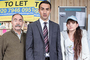 Stath Lets Flats. Image shows from L to R: Vasos (Christos Stergioglou), Stath (Jamie Demetriou), Sophie (Natasia Demetriou). Copyright: Roughcut Television. Stath Lets Flats. Image shows from L to R: Vasos (Christos Stergioglou), Stath (Jamie Demetriou), Sophie (Natasia Demetriou). Copyright: Roughcut Television.