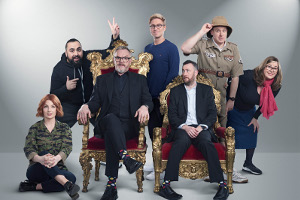 Taskmaster. Image shows from L to R: Alice Levine, Asim Chaudhry, Greg Davies, Russell Howard, Alex Horne, Tim Vine, Liza Tarbuck. Copyright: Avalon Television. Taskmaster. Image shows from L to R: Alice Levine, Asim Chaudhry, Greg Davies, Russell Howard, Alex Horne, Tim Vine, Liza Tarbuck. Copyright: Avalon Television.