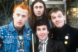 The Young Ones. Image shows from L to R: Vyvyan (Adrian Edmondson), Neil (Nigel Planer), Mike (Christopher Ryan), Rick (Rik Mayall). Copyright: BBC. The Young Ones. Image shows from L to R: Vyvyan (Adrian Edmondson), Neil (Nigel Planer), Mike (Christopher Ryan), Rick (Rik Mayall). Copyright: BBC.