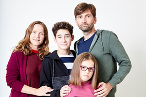 There She Goes. Image shows from L to R: Emily (Jessica Hynes), Ben (Edan Hayhurst), Rosie (Miley Locke), Simon (David Tennant). Copyright: Merman. There She Goes. Image shows from L to R: Emily (Jessica Hynes), Ben (Edan Hayhurst), Rosie (Miley Locke), Simon (David Tennant). Copyright: Merman.