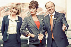 Trollied. Image shows from L to R: Julie (Jane Horrocks), Lorraine (Stephanie Beacham), Gavin (Jason Watkins). Copyright: Roughcut Television. Trollied. Image shows from L to R: Julie (Jane Horrocks), Lorraine (Stephanie Beacham), Gavin (Jason Watkins). Copyright: Roughcut Television.