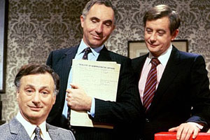 Yes Minister. Image shows from L to R: James Hacker (Paul Eddington), Sir Humphrey Appleby (Nigel Hawthorne), Bernard Woolley (Derek Fowlds). Copyright: BBC. Yes Minister. Image shows from L to R: James Hacker (Paul Eddington), Sir Humphrey Appleby (Nigel Hawthorne), Bernard Woolley (Derek Fowlds). Copyright: BBC.
