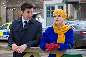 Agatha Raisin. Image shows from L to R: DC Bill Wong (Matt McCooey), Agatha Raisin (Ashley Jensen). Agatha Raisin. Image shows from L to R: DC Bill Wong (Matt McCooey), Agatha Raisin (Ashley Jensen).