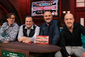 Al Murray's Great British Pub Quiz. Image shows from L to R: Ed Byrne, Shaun Williamson, Al Murray, Andy Parsons. Copyright: Avalon Television. Al Murray's Great British Pub Quiz. Image shows from L to R: Ed Byrne, Shaun Williamson, Al Murray, Andy Parsons. Copyright: Avalon Television.