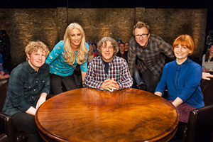 Alan Davies: As Yet Untitled. Image shows from L to R: Josh Widdicombe, Denise Van Outen, Alan Davies, Jason Byrne, Alice Levine. Copyright: Phil McIntyre Entertainment. Alan Davies: As Yet Untitled. Image shows from L to R: Josh Widdicombe, Denise Van Outen, Alan Davies, Jason Byrne, Alice Levine. Copyright: Phil McIntyre Entertainment.