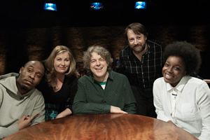 Alan Davies: As Yet Untitled. Image shows from L to R: Dane Baptiste, Liza Tarbuck, Alan Davies, David Mitchell, Lolly Adefope. Alan Davies: As Yet Untitled. Image shows from L to R: Dane Baptiste, Liza Tarbuck, Alan Davies, David Mitchell, Lolly Adefope.