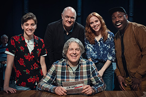 Alan Davies: As Yet Untitled. Image shows from L to R: Sarah Keyworth, Dara O Briain, Alan Davies, Angela Scanlon, Darren Harriott. Copyright: Phil McIntyre Entertainment. Alan Davies: As Yet Untitled. Image shows from L to R: Sarah Keyworth, Dara O Briain, Alan Davies, Angela Scanlon, Darren Harriott. Copyright: Phil McIntyre Entertainment.