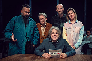 Alan Davies: As Yet Untitled. Image shows from L to R: Guz Khan, Geoff Lloyd, Alan Davies, Andy Field, Lou Sanders. Copyright: Phil McIntyre Entertainment. Alan Davies: As Yet Untitled. Image shows from L to R: Guz Khan, Geoff Lloyd, Alan Davies, Andy Field, Lou Sanders. Copyright: Phil McIntyre Entertainment.