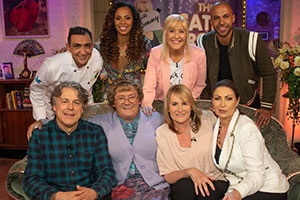 All Round To Mrs. Brown's. Image shows from L to R: Alan Davies, Aly Mahmoud, Rochelle Humes, Mrs Brown (Brendan O'Carroll), Cathy Brown (Jennifer Gibney), Roz Wiseman, Sharon Humes, Marvin Humes. All Round To Mrs. Brown's. Image shows from L to R: Alan Davies, Aly Mahmoud, Rochelle Humes, Mrs Brown (Brendan O'Carroll), Cathy Brown (Jennifer Gibney), Roz Wiseman, Sharon Humes, Marvin Humes.