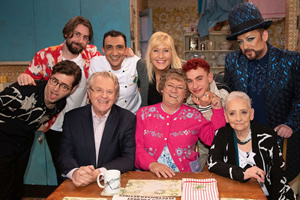 All Round To Mrs. Brown's. Image shows from L to R: Emre Türkmen, Mikey Goldsworthy, Jerry Springer, Aly Mahmoud, Cathy Brown (Jennifer Gibney), Mrs Brown (Brendan O'Carroll), Olly Alexander, Dinah O'Dowd, Boy George. All Round To Mrs. Brown's. Image shows from L to R: Emre Türkmen, Mikey Goldsworthy, Jerry Springer, Aly Mahmoud, Cathy Brown (Jennifer Gibney), Mrs Brown (Brendan O'Carroll), Olly Alexander, Dinah O'Dowd, Boy George.
