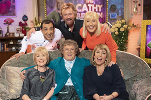 All Round To Mrs. Brown's. Image shows from L to R: Tina Allen, Aly Mahmoud, Noel Edmonds, Mrs Brown (Brendan O'Carroll), Cathy Brown (Jennifer Gibney), Fay Ripley. All Round To Mrs. Brown's. Image shows from L to R: Tina Allen, Aly Mahmoud, Noel Edmonds, Mrs Brown (Brendan O'Carroll), Cathy Brown (Jennifer Gibney), Fay Ripley.