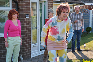 Alma's Not Normal. Image shows from L to R: Alma Nuthall (Sophie Willan), Joan (Lorraine Ashbourne), Lin (Siobhan Finneran), Jim (Nicholas Asbury). Copyright: Expectation Entertainment. Alma's Not Normal. Image shows from L to R: Alma Nuthall (Sophie Willan), Joan (Lorraine Ashbourne), Lin (Siobhan Finneran), Jim (Nicholas Asbury). Copyright: Expectation Entertainment.