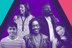 Asian Network Comedy. Image shows from L to R: Jamie D'Souza, Isma Almas, Athena Kugblenu, Sunil Patel, Ria Lina. Copyright: BBC. Asian Network Comedy. Image shows from L to R: Jamie D'Souza, Isma Almas, Athena Kugblenu, Sunil Patel, Ria Lina. Copyright: BBC.