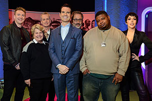The Big Fat Quiz Of Everything. Image shows from L to R: Joe Lycett, Sandi Toksvig, Frank Skinner, Jimmy Carr, David Baddiel, Big Narstie, Katherine Ryan. Copyright: Hot Sauce. The Big Fat Quiz Of Everything. Image shows from L to R: Joe Lycett, Sandi Toksvig, Frank Skinner, Jimmy Carr, David Baddiel, Big Narstie, Katherine Ryan. Copyright: Hot Sauce.