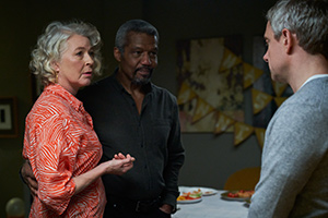 Breeders. Image shows from L to R: Leah (Stella Gonet), Alex (Hugh Quarshie), Paul (Martin Freeman). Copyright: Avalon Television. Breeders. Image shows from L to R: Leah (Stella Gonet), Alex (Hugh Quarshie), Paul (Martin Freeman). Copyright: Avalon Television.