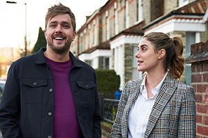 Buffering. Image shows from L to R: Iain (Iain Stirling), Olivia (Elena Saurel). Copyright: Avalon Television. Buffering. Image shows from L to R: Iain (Iain Stirling), Olivia (Elena Saurel). Copyright: Avalon Television.