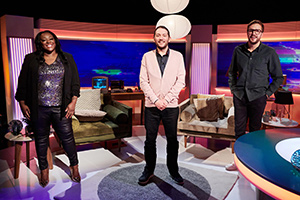 Channel Hopping With Jon Richardson. Image shows from L to R: Judi Love, Jon Richardson, Iain Stirling. Copyright: Rumpus Media. Channel Hopping With Jon Richardson. Image shows from L to R: Judi Love, Jon Richardson, Iain Stirling. Copyright: Rumpus Media.