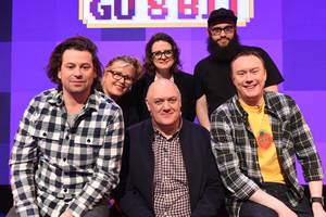 Dara O Briain's Go 8 Bit. Image shows from L to R: Sam Pamphilon, Liza Tarbuck, Ellie Gibson, Dara O Briain, Jamali Maddix, Steve McNeil. Copyright: DLT Entertainment Ltd.. Dara O Briain's Go 8 Bit. Image shows from L to R: Sam Pamphilon, Liza Tarbuck, Ellie Gibson, Dara O Briain, Jamali Maddix, Steve McNeil. Copyright: DLT Entertainment Ltd..