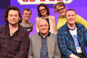 Dara O Briain's Go 8 Bit. Image shows from L to R: Sam Pamphilon, Simon Gregson, Dara O Briain, Ellie Gibson, Jayde Adams, Steve McNeil. Copyright: DLT Entertainment Ltd.. Dara O Briain's Go 8 Bit. Image shows from L to R: Sam Pamphilon, Simon Gregson, Dara O Briain, Ellie Gibson, Jayde Adams, Steve McNeil. Copyright: DLT Entertainment Ltd..