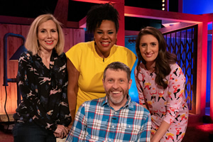 Dave Gorman: Terms And Conditions Apply. Image shows from L to R: Sally Phillips, Desiree Burch, Dave Gorman, Jessica Knappett. Copyright: Avalon Television. Dave Gorman: Terms And Conditions Apply. Image shows from L to R: Sally Phillips, Desiree Burch, Dave Gorman, Jessica Knappett. Copyright: Avalon Television.