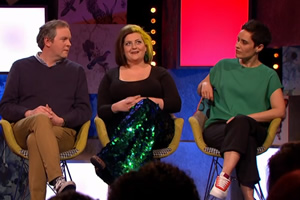 Frankie Boyle's New World Order. Image shows from L to R: Miles Jupp, Kiri Pritchard-McLean, Jen Brister. Copyright: Zeppotron. Frankie Boyle's New World Order. Image shows from L to R: Miles Jupp, Kiri Pritchard-McLean, Jen Brister. Copyright: Zeppotron.