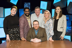Frankie Boyle's New World Order. Image shows from L to R: Kiri Pritchard-McLean, Eshaan Akbar, Frankie Boyle, Miles Jupp, Sara Pascoe, Grace Blakeley. Copyright: Zeppotron. Frankie Boyle's New World Order. Image shows from L to R: Kiri Pritchard-McLean, Eshaan Akbar, Frankie Boyle, Miles Jupp, Sara Pascoe, Grace Blakeley. Copyright: Zeppotron.