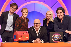 Harry Hill's Alien Fun Capsule. Image shows from L to R: Robert Peston, Sally Dynevor, Harry Hill, Anneka Rice, Micky Flanagan. Copyright: Nit TV. Harry Hill's Alien Fun Capsule. Image shows from L to R: Robert Peston, Sally Dynevor, Harry Hill, Anneka Rice, Micky Flanagan. Copyright: Nit TV.