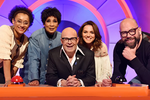 Harry Hill's Alien Fun Capsule. Image shows from L to R: Suzanne Packer, Moira Stuart, Harry Hill, Kara Tointon, Tom Davis. Copyright: Nit TV. Harry Hill's Alien Fun Capsule. Image shows from L to R: Suzanne Packer, Moira Stuart, Harry Hill, Kara Tointon, Tom Davis. Copyright: Nit TV.