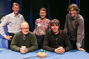 The Infinite Monkey Cage. Image shows from L to R: Tim Peake, Robin Ince, Helen Sharman, Brian Cox, Mark Steel. The Infinite Monkey Cage. Image shows from L to R: Tim Peake, Robin Ince, Helen Sharman, Brian Cox, Mark Steel.