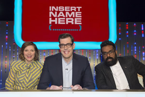 Insert Name Here. Image shows from L to R: Jessica Hynes, Richard Osman, Romesh Ranganathan. Copyright: 12 Yard Productions / Black Dog Television. Insert Name Here. Image shows from L to R: Jessica Hynes, Richard Osman, Romesh Ranganathan. Copyright: 12 Yard Productions / Black Dog Television.