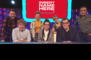 Insert Name Here. Image shows from L to R: Jon Richardson, Josh Widdicombe, Ruth Goodman, Sue Perkins, Holly Walsh, Richard Osman, Adil Ray. Copyright: 12 Yard Productions / Black Dog Television. Insert Name Here. Image shows from L to R: Jon Richardson, Josh Widdicombe, Ruth Goodman, Sue Perkins, Holly Walsh, Richard Osman, Adil Ray. Copyright: 12 Yard Productions / Black Dog Television.