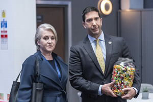 Intelligence. Image shows from L to R: Christine Clark (Sylvestra Le Touzel), Jerry Bernstein (David Schwimmer). Intelligence. Image shows from L to R: Christine Clark (Sylvestra Le Touzel), Jerry Bernstein (David Schwimmer).
