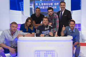 A League Of Their Own. Image shows from L to R: Andrew Flintoff, Melanie Chisholm, Andy Carroll, James Corden, Jack Whitehall, David Walliams, Jamie Redknapp. Copyright: CPL Productions. A League Of Their Own. Image shows from L to R: Andrew Flintoff, Melanie Chisholm, Andy Carroll, James Corden, Jack Whitehall, David Walliams, Jamie Redknapp. Copyright: CPL Productions.