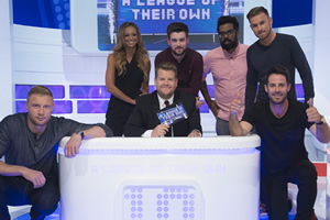 A League Of Their Own. Image shows from L to R: Andrew Flintoff, Kate Abdo, James Corden, Jack Whitehall, Romesh Ranganathan, Aaron Ramsey, Jamie Redknapp. Copyright: CPL Productions. A League Of Their Own. Image shows from L to R: Andrew Flintoff, Kate Abdo, James Corden, Jack Whitehall, Romesh Ranganathan, Aaron Ramsey, Jamie Redknapp. Copyright: CPL Productions.