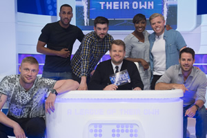 A League Of Their Own. Image shows from L to R: Andrew Flintoff, James DeGale, Jack Whitehall, James Corden, Denise Lewis, Rob Beckett, Jamie Redknapp. Copyright: CPL Productions. A League Of Their Own. Image shows from L to R: Andrew Flintoff, James DeGale, Jack Whitehall, James Corden, Denise Lewis, Rob Beckett, Jamie Redknapp. Copyright: CPL Productions.