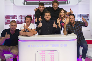 A League Of Their Own. Image shows from L to R: Andrew Flintoff, Joey Barton, Jack Whitehall, James Corden, John Bishop, Katherine Ryan, Jamie Redknapp. Copyright: CPL Productions. A League Of Their Own. Image shows from L to R: Andrew Flintoff, Joey Barton, Jack Whitehall, James Corden, John Bishop, Katherine Ryan, Jamie Redknapp. Copyright: CPL Productions.