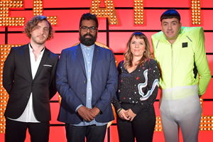 Live At The Apollo. Image shows from L to R: Seann Walsh, Romesh Ranganathan, Kerry Godliman, Spencer Jones. Copyright: Open Mike Productions. Live At The Apollo. Image shows from L to R: Seann Walsh, Romesh Ranganathan, Kerry Godliman, Spencer Jones. Copyright: Open Mike Productions.