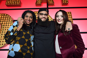 Live At The Apollo. Image shows from L to R: Sindhu Vee, Jamali Maddix, Fern Brady. Copyright: Open Mike Productions. Live At The Apollo. Image shows from L to R: Sindhu Vee, Jamali Maddix, Fern Brady. Copyright: Open Mike Productions.