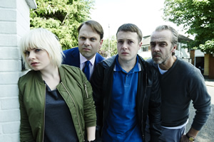 Marley's Ghosts. Image shows from L to R: Shelley (Sydney Rae White), Michael Walton (Nicholas Burns), Vince (Jack Bence), Adam Wise (John Hannah). Marley's Ghosts. Image shows from L to R: Shelley (Sydney Rae White), Michael Walton (Nicholas Burns), Vince (Jack Bence), Adam Wise (John Hannah).