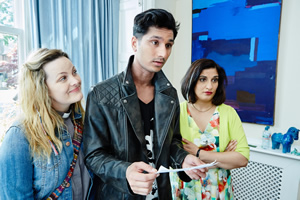 Marley's Ghosts. Image shows from L to R: Vicar (Jo Joyner), Gary Jarvis (Harman Singh), Tina Jarvis (Mina Anwar). Marley's Ghosts. Image shows from L to R: Vicar (Jo Joyner), Gary Jarvis (Harman Singh), Tina Jarvis (Mina Anwar).