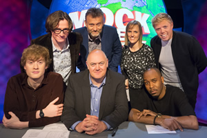 Mock The Week. Image shows from L to R: James Acaster, Ed Byrne, Hugh Dennis, Dara O Briain, Holly Walsh, Dane Baptiste, Rob Beckett. Mock The Week. Image shows from L to R: James Acaster, Ed Byrne, Hugh Dennis, Dara O Briain, Holly Walsh, Dane Baptiste, Rob Beckett.
