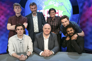 Mock The Week. Image shows from L to R: James Acaster, Rhys James, Hugh Dennis, Dara O Briain, Zoe Lyons, Ed Gamble, Nish Kumar. Copyright: Angst Productions. Mock The Week. Image shows from L to R: James Acaster, Rhys James, Hugh Dennis, Dara O Briain, Zoe Lyons, Ed Gamble, Nish Kumar. Copyright: Angst Productions.