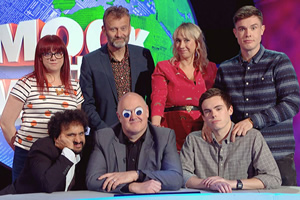 Mock The Week. Image shows from L to R: Angela Barnes, Nish Kumar, Hugh Dennis, Dara O Briain, Tiffany Stevenson, Rhys James, Ed Gamble. Copyright: Angst Productions. Mock The Week. Image shows from L to R: Angela Barnes, Nish Kumar, Hugh Dennis, Dara O Briain, Tiffany Stevenson, Rhys James, Ed Gamble. Copyright: Angst Productions.