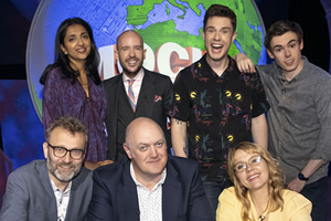 Mock The Week. Image shows from L to R: Hugh Dennis, Sindhu Vee, Tom Allen, Dara O Briain, Ed Gamble, Kerry Godliman, Rhys James. Copyright: Angst Productions. Mock The Week. Image shows from L to R: Hugh Dennis, Sindhu Vee, Tom Allen, Dara O Briain, Ed Gamble, Kerry Godliman, Rhys James. Copyright: Angst Productions.