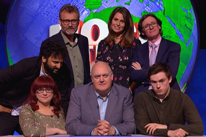 Mock The Week. Image shows from L to R: Nish Kumar, Angela Barnes, Hugh Dennis, Dara O Briain, Ellie Taylor, Ed Byrne, Rhys James. Copyright: Angst Productions. Mock The Week. Image shows from L to R: Nish Kumar, Angela Barnes, Hugh Dennis, Dara O Briain, Ellie Taylor, Ed Byrne, Rhys James. Copyright: Angst Productions.