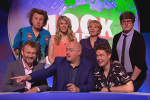 Mock The Week. Image shows from L to R: Hugh Dennis, Milton Jones, Rachel Parris, Dara O Briain, Kerry Godliman, Ed Gamble, Glenn Moore. Copyright: Angst Productions. Mock The Week. Image shows from L to R: Hugh Dennis, Milton Jones, Rachel Parris, Dara O Briain, Kerry Godliman, Ed Gamble, Glenn Moore. Copyright: Angst Productions.