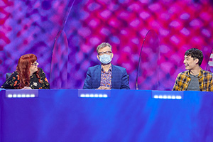 Mock The Week. Image shows from L to R: Angela Barnes, Hugh Dennis, Nigel Ng. Copyright: Angst Productions. Mock The Week. Image shows from L to R: Angela Barnes, Hugh Dennis, Nigel Ng. Copyright: Angst Productions.